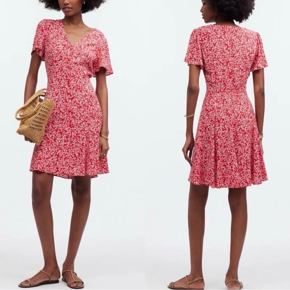 madewell flutter-sleeve mini dress in‎ floral red ditsy ns134 women sz 0